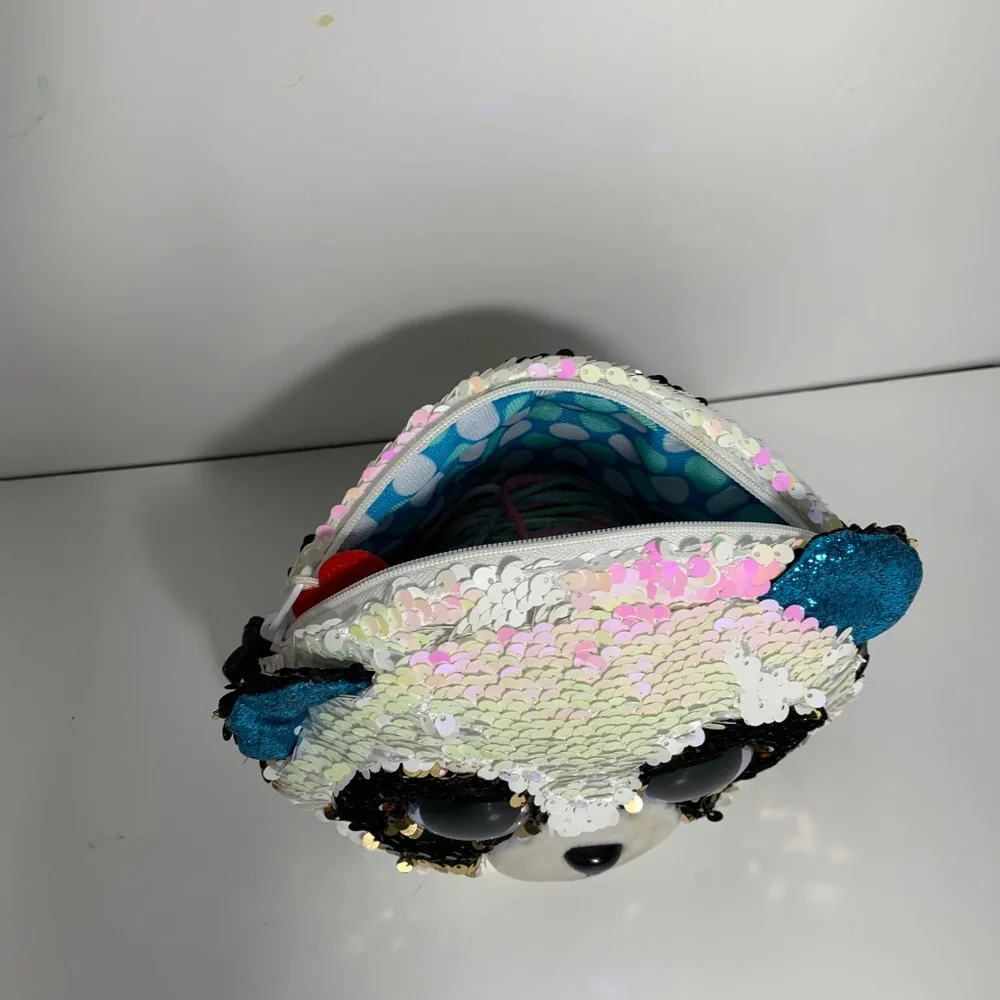 Ty Sequin Panda‎ Face Bag Purse 8” Reversible Sparkle Sequins Plush Blue Eyes